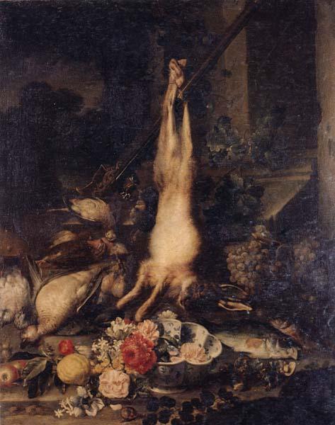unknow artist Still life of a hare,fish,fruit and flowers by a stone pillar,a landscape beyond oil painting image
